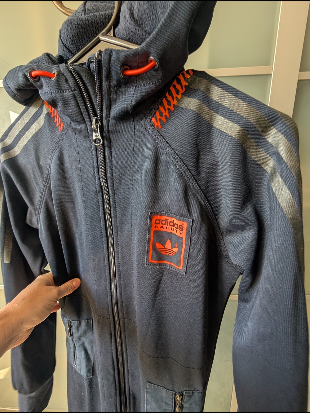 📼Rare Vintage adidas Safety Long Navy Hooded Full Zip Long Track Jacket Dress S - Picture 10 of 13